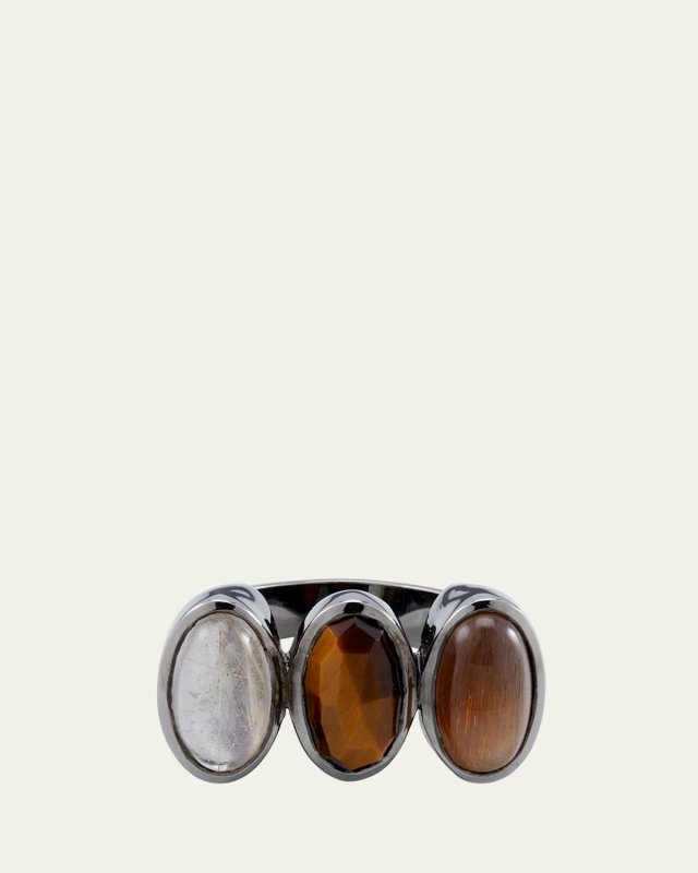 Triple Elliptic Ring with Tiger's Eye, Quartz, and Moonstone